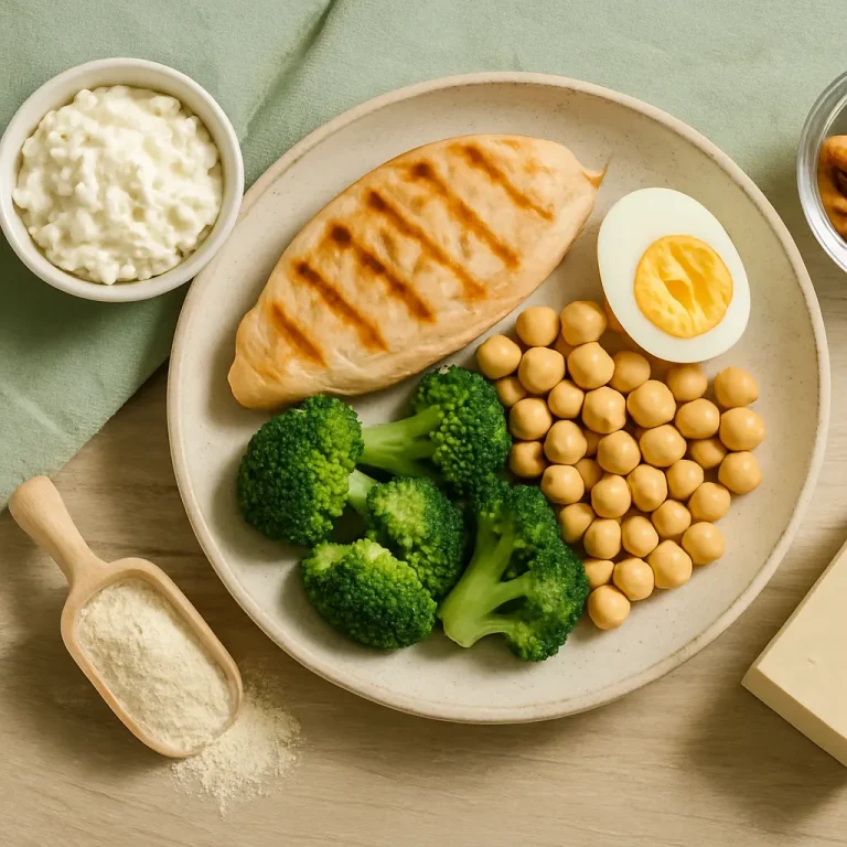 Healthy meal with grilled chicken, chickpeas, broccoli, boiled egg, and cottage cheese, emphasizing vitamins, fitness, and wellness.