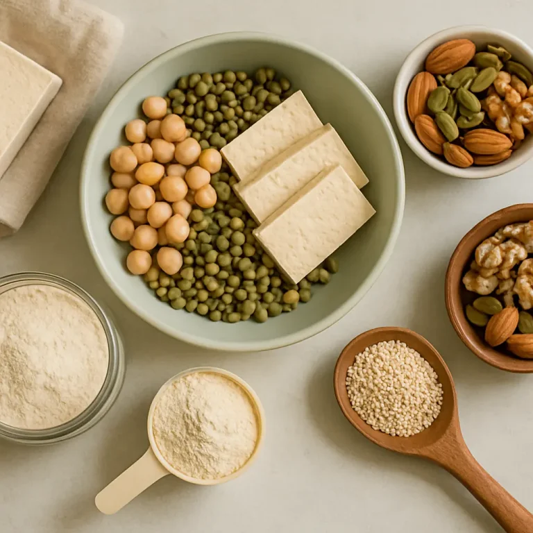 A selection of plant-based protein sources including peas, chickpeas, tofu slices, almond and nut mix, and protein powder, promoting healthy eating and fitness.