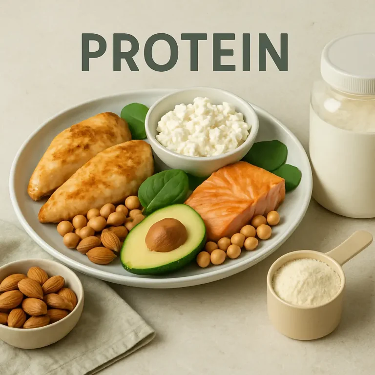 Plate featuring protein-rich foods: grilled chicken, salmon, cottage cheese, avocado, almonds, and chickpeas, with a protein powder container, promoting wellness and healthy eating.
