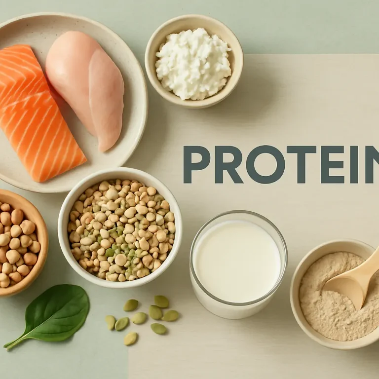 Assorted protein-rich foods including salmon, chicken breast, cottage cheese, soybeans, lentils, milk, pumpkin seeds, spinach, and protein powder, promoting healthy eating and wellness.