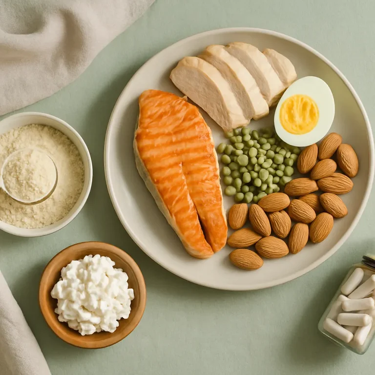 A balanced meal featuring salmon, chicken, eggs, almonds, green peas, cottage cheese, protein powder, and supplements, highlighting healthy eating, fitness, and wellness nutrition.