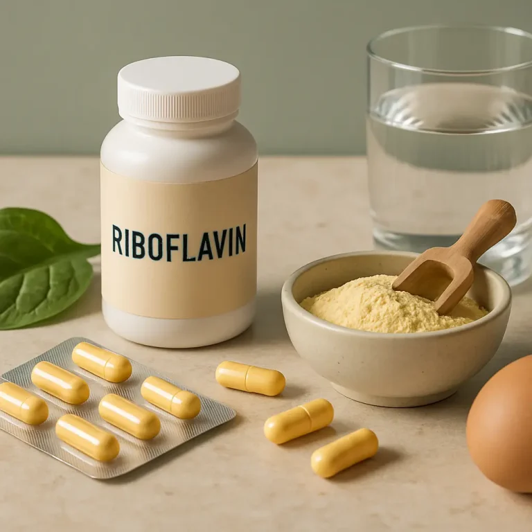 Vitamin B2 riboflavin bottle with capsules, a bowl of riboflavin powder, an egg, and a spinach leaf, symbolizing supplements and healthy eating for fitness and wellness.