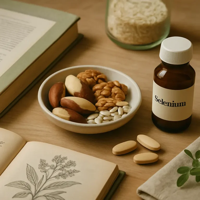 A bottle labeled 'Selenium' next to a bowl of nuts and seeds on a wooden table, surrounded by books and tablets, highlighting selenium-rich foods and supplements for health and wellness.