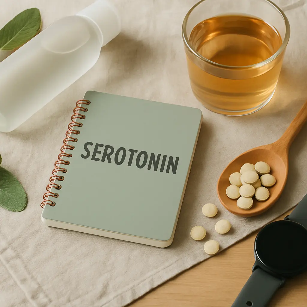 A health and wellness setup featuring serotonin-related supplements on a wooden spoon, a glass of herbal tea, a water bottle, and a notepad labeled 'SEROTONIN', emphasizing vitamins and a healthy lifestyle.