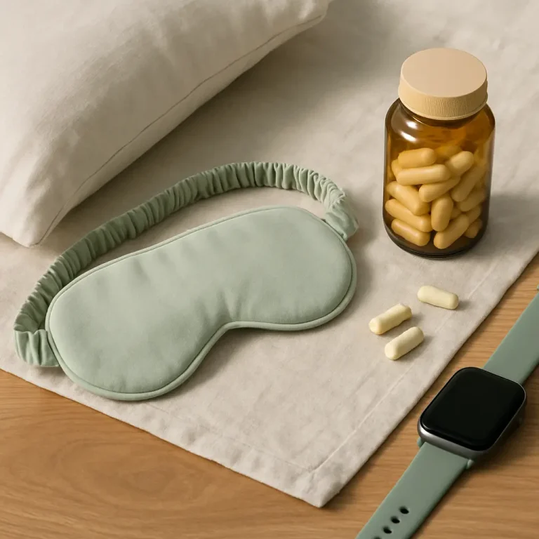 A green sleep mask, a bottle of vitamin supplements, and a smartwatch on a beige surface, promoting wellness, fitness, and healthy lifestyle.