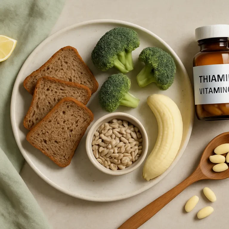 A plate with healthy foods including broccoli, whole grain bread, banana, and sunflower seeds, alongside a bottle of vitamin B1 supplements labeled 'Thiamine,' promoting vitamins, nutrition, and wellness.