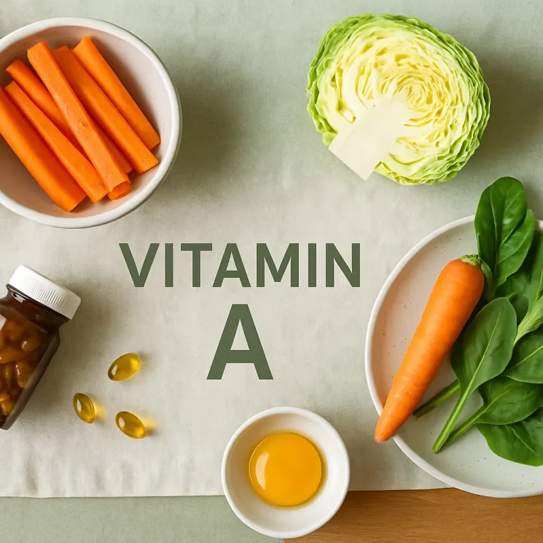 Healthy eating display featuring Vitamin A-rich foods such as carrots, spinach, egg yolk, cabbage, and a supplement bottle, emphasizing wellness and nutrition.
