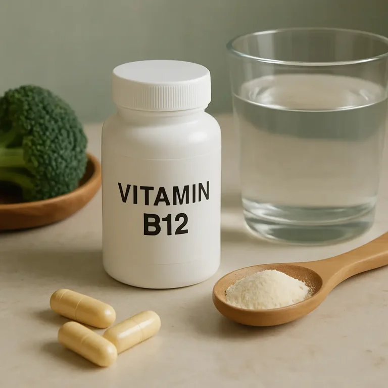 Bottle of Vitamin B12 supplements beside capsules, a glass of water, and a spoon of powder, with a broccoli floret in the background, highlighting wellness and healthy eating.