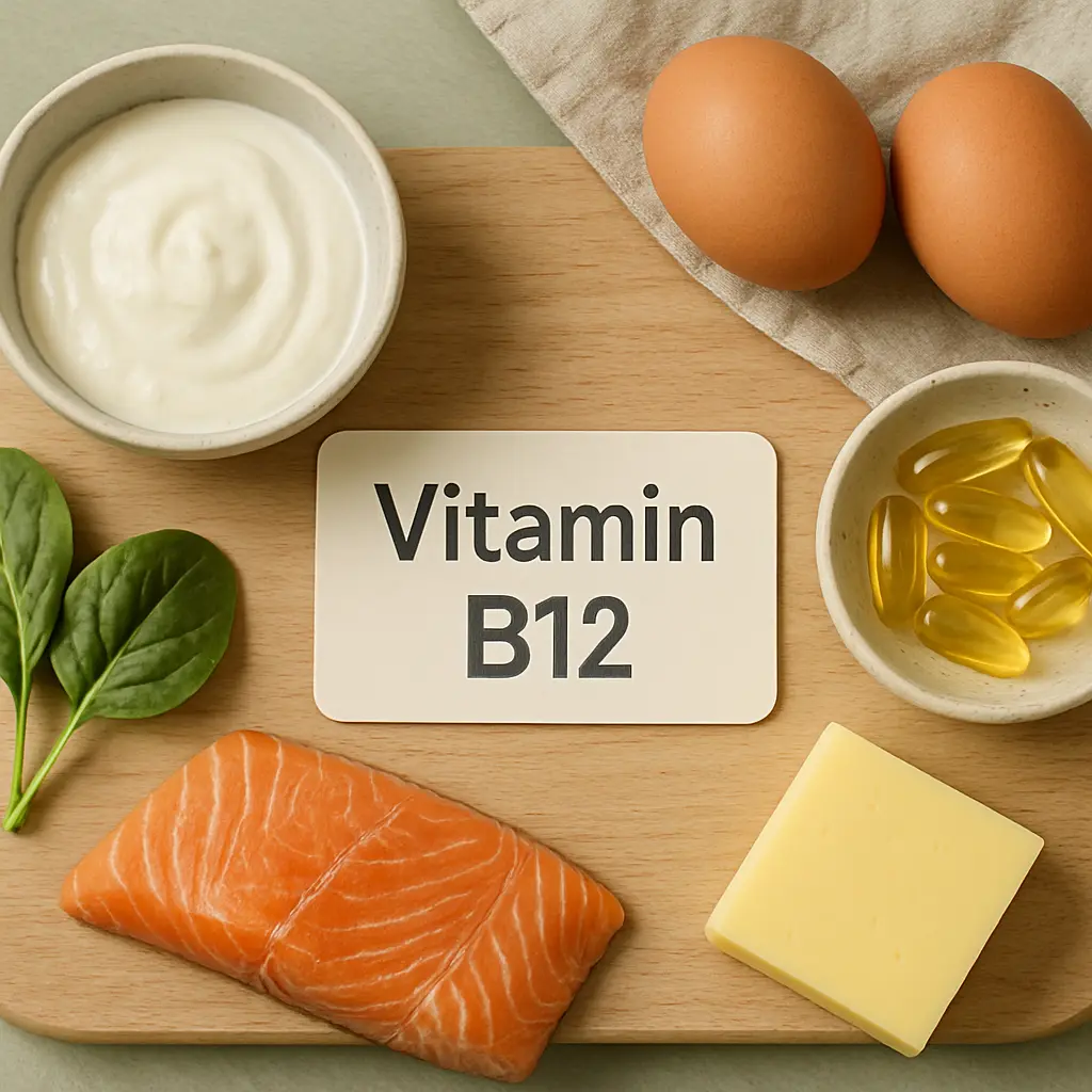 Foods rich in Vitamin B12 including salmon, eggs, spinach, cheese, yogurt, and supplements, highlighting nutrition, wellness, and healthy eating.