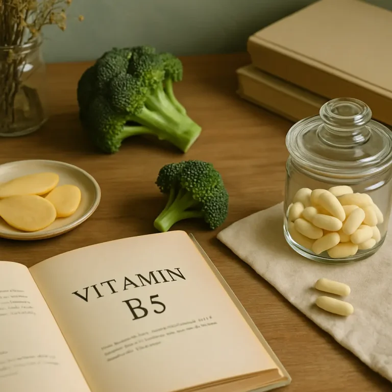 Broccoli, a jar of vitamin B5 supplements, a book titled 'Vitamin B5', and a plate of sliced vegetables on a wooden table, emphasizing healthy eating and wellness.
