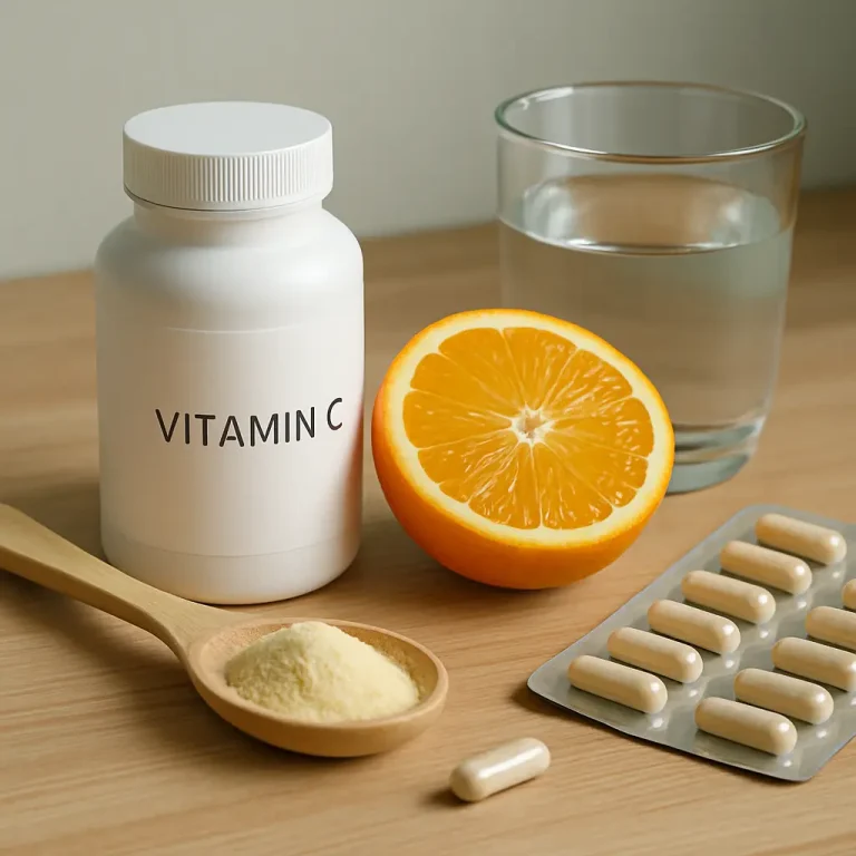 Vitamin C supplements displayed with a fresh orange, powder in a wooden spoon, capsules, and a glass of water, emphasizing wellness and healthy immune support.