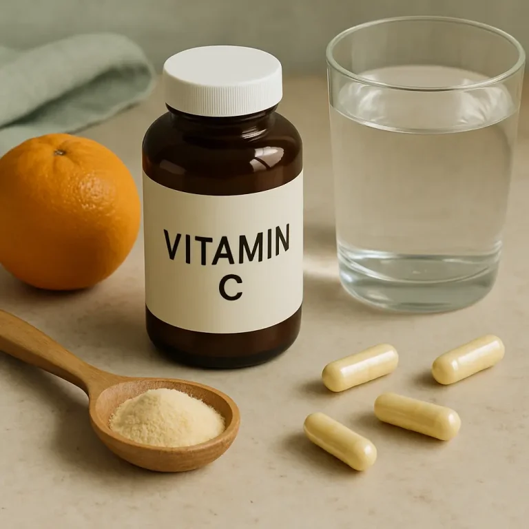 Vitamin C bottle with capsules, a scoop of powder, an orange, and a glass of water, highlighting supplements, wellness, and healthy nutrition.