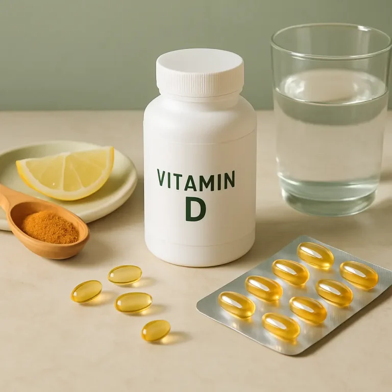 Vitamin D supplement bottle with capsules, a lemon slice, turmeric powder, and a glass of water on a table, promoting wellness, fitness, and healthy eating.