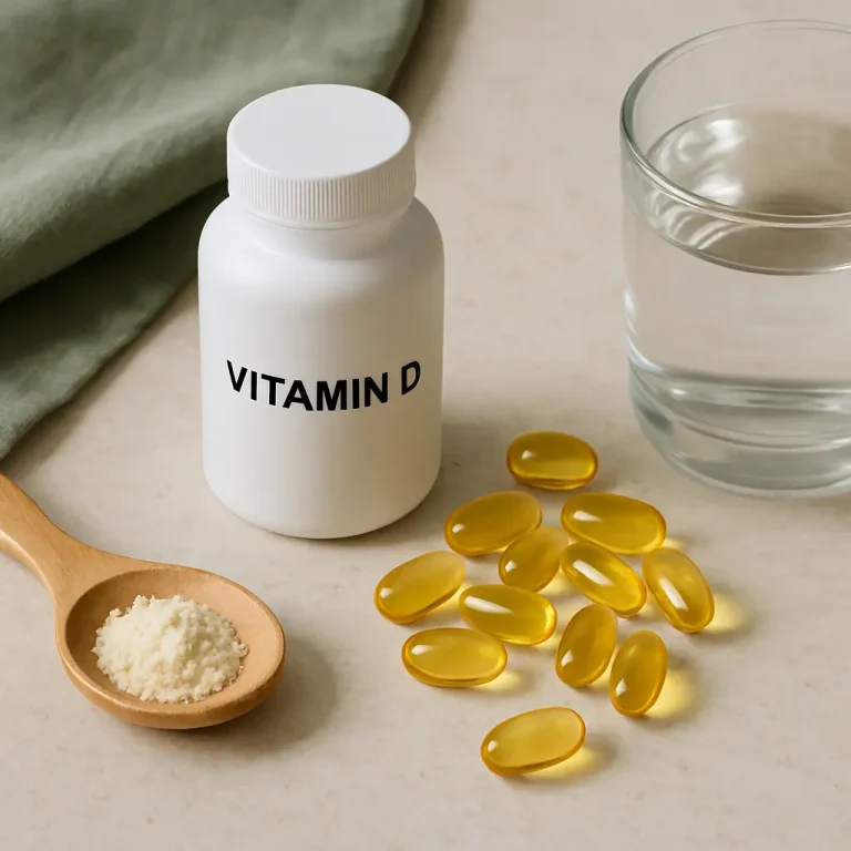 Vitamin D bottle, yellow capsules, a spoon of powder, and a glass of water on a table, representing supplements, healthy eating, and wellness.