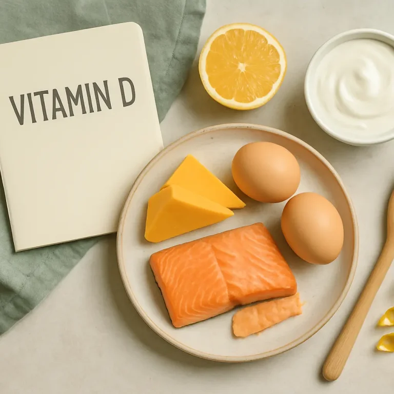 Plate with salmon, eggs, cheese, half a lemon, and yogurt next to a Vitamin D booklet, emphasizing healthy eating and wellness.