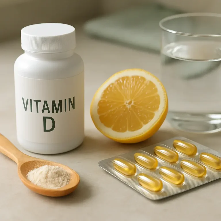 Vitamin D supplements and a halved lemon on a table, alongside a wooden spoon with powder and a glass of water, promoting wellness and healthy eating.