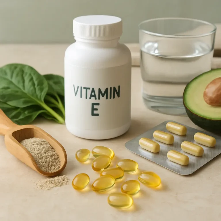 A bottle labeled 'VITAMIN E' next to spinach leaves, fish oil capsules, supplement pills, half an avocado, and a glass of water, illustrating a focus on vitamins, supplements, fitness, wellness, and healthy eating.