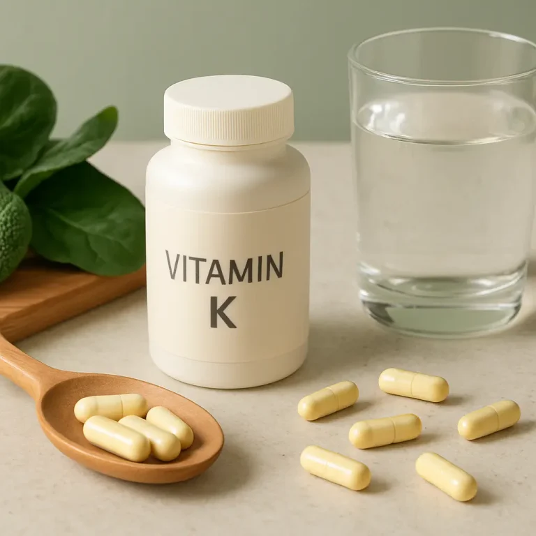Vitamin K supplement bottle with capsules, a glass of water, and leafy greens, promoting wellness and healthy eating.