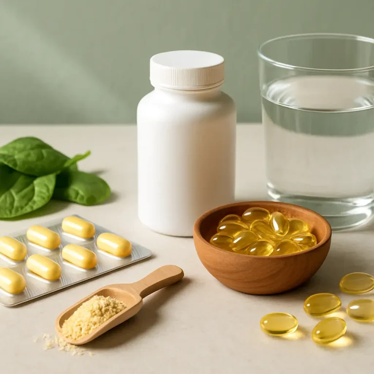 Assorted dietary supplements including a white bottle, yellow capsules, omega-3 gel caps in a wooden bowl, a scoop of nutritional powder, fresh spinach leaves, and a glass of water, emphasizing vitamins, wellness, and healthy eating.
