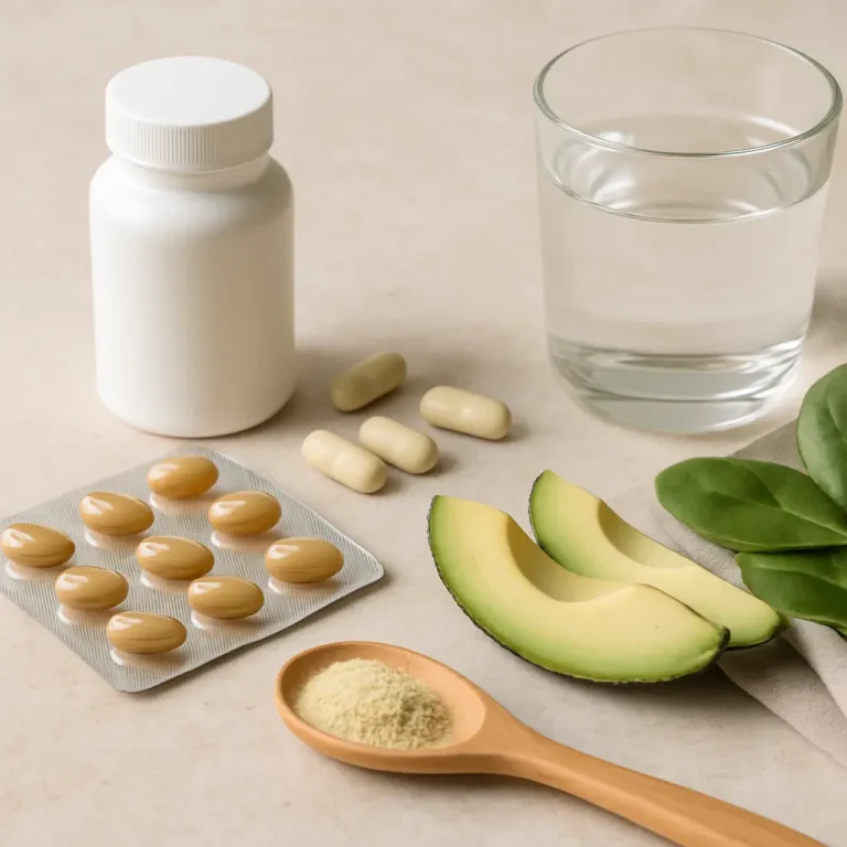A collection of health items including a bottle of vitamins, a blister pack of capsules, whole food supplements with avocado slices, spinach leaves, and a glass of water, emphasizing wellness and healthy eating.