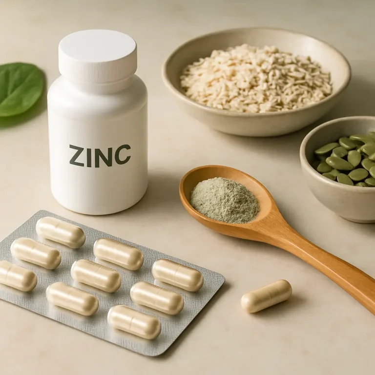 A zinc supplement bottle next to capsules, a spoon of powder, rice, and seeds, emphasizing vitamins, wellness, and healthy eating.