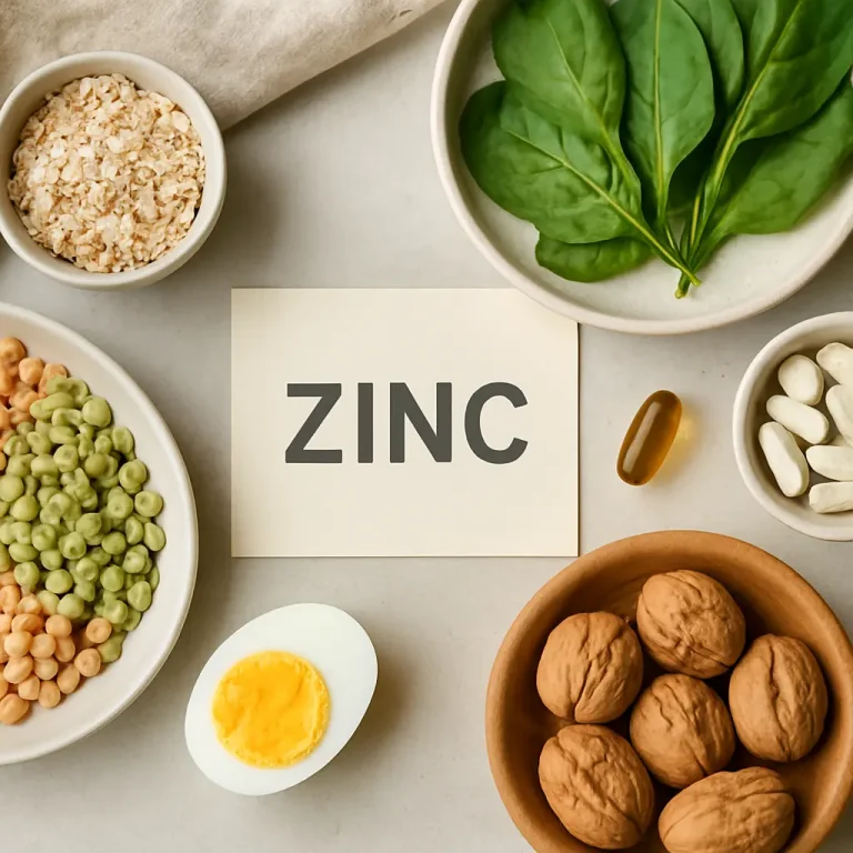 A top view of zinc-rich foods including spinach, walnuts, peas, an egg, a supplement capsule, and white pills, emphasizing nutrition, fitness, and wellness.