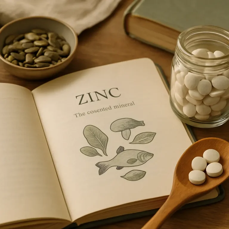 An open book showing a page titled 'Zinc: The Consented Mineral' with illustrations of fish and leaves, surrounded by a jar of supplements, a spoon with tablets, and a bowl of seeds, promoting supplements, nutrition, and wellness.