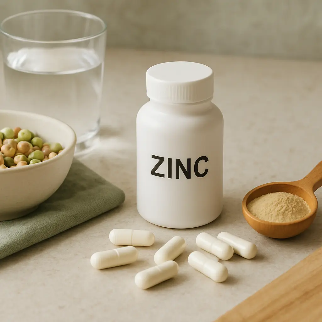 Zinc supplement bottle beside capsules, a bowl of peas, a wooden spoon with powder, and a glass of water promoting healthy living and wellness.