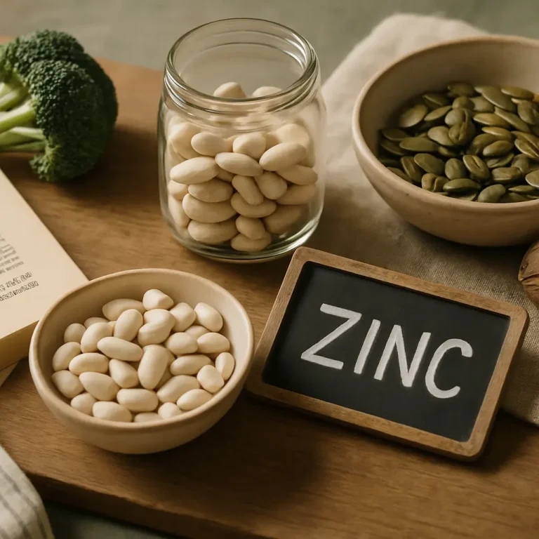 Zinc supplements in bowls and a jar alongside a chalkboard labeled 'ZINC,' with broccoli and pumpkin seeds, symbolizing health, wellness, and nutrition.
