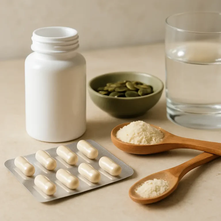 Vitamin capsules in a blister pack, a white bottle, pumpkin seeds, protein powder in wooden spoons, and a glass of water on a beige surface, representing supplements and healthy eating.