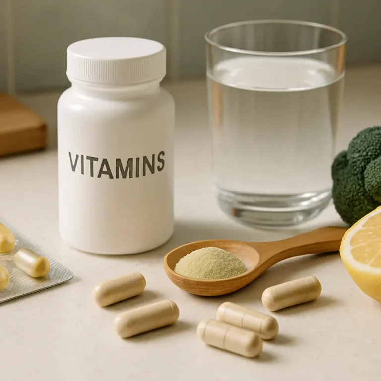 A bottle labeled "Vitamins" surrounded by capsules, a spoon of powdered supplement, a glass of water, broccoli, lemon, promoting vitamins, supplements, and healthy eating for fitness and wellness.
