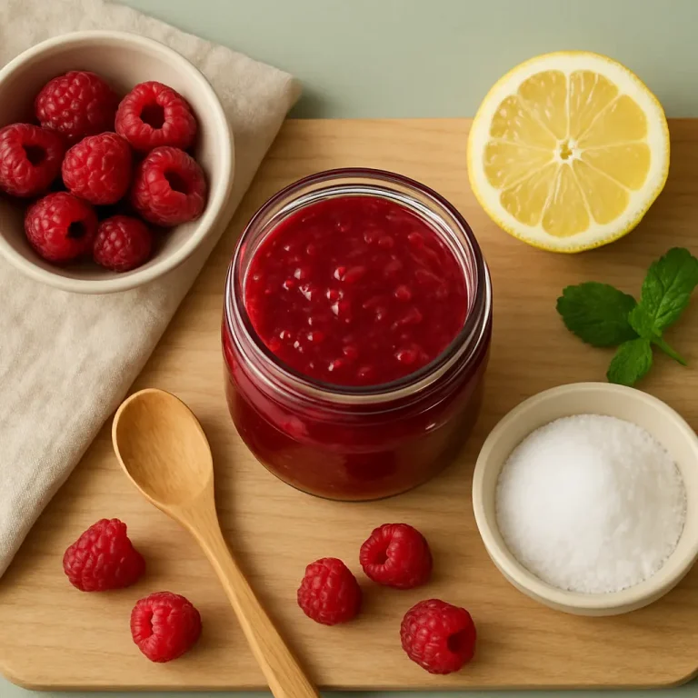 Glass jar of fresh raspberry jam on a wooden board, surrounded by a bowl of raspberries, half a lemon, a small bowl of sugar, and a wooden spoon, emphasizing healthy eating, vitamins, and wellness.