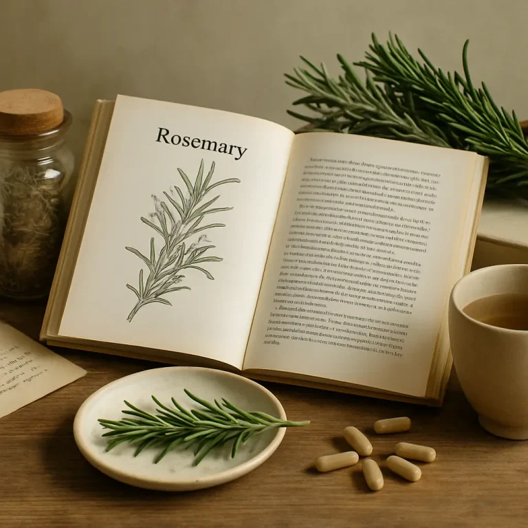 Open book showing rosemary illustration, with fresh rosemary sprigs, capsules, and a cup, highlighting natural supplements and herbal wellness.