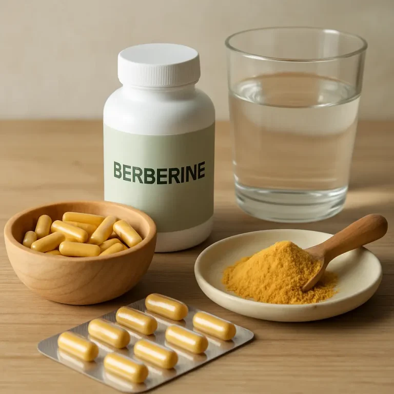 Berberine supplements in various forms including capsules, powder, and tablets, alongside a glass of water, promoting wellness and healthy living.