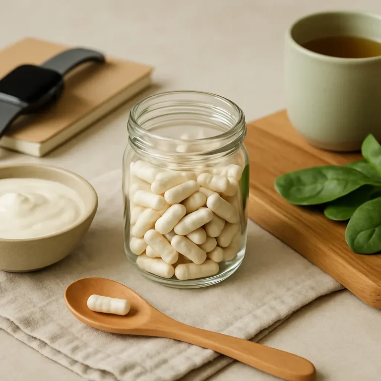 Glass jar filled with white vitamin supplements on a table with yogurt, fresh spinach leaves, a wooden spoon, smartwatch, and a cup of tea, promoting wellness, fitness, and healthy eating.