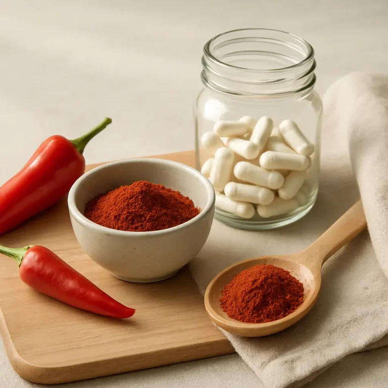 Glass jar of white supplement capsules next to fresh chili peppers and paprika powder in a bowl, representing vitamins, fitness, and healthy eating.