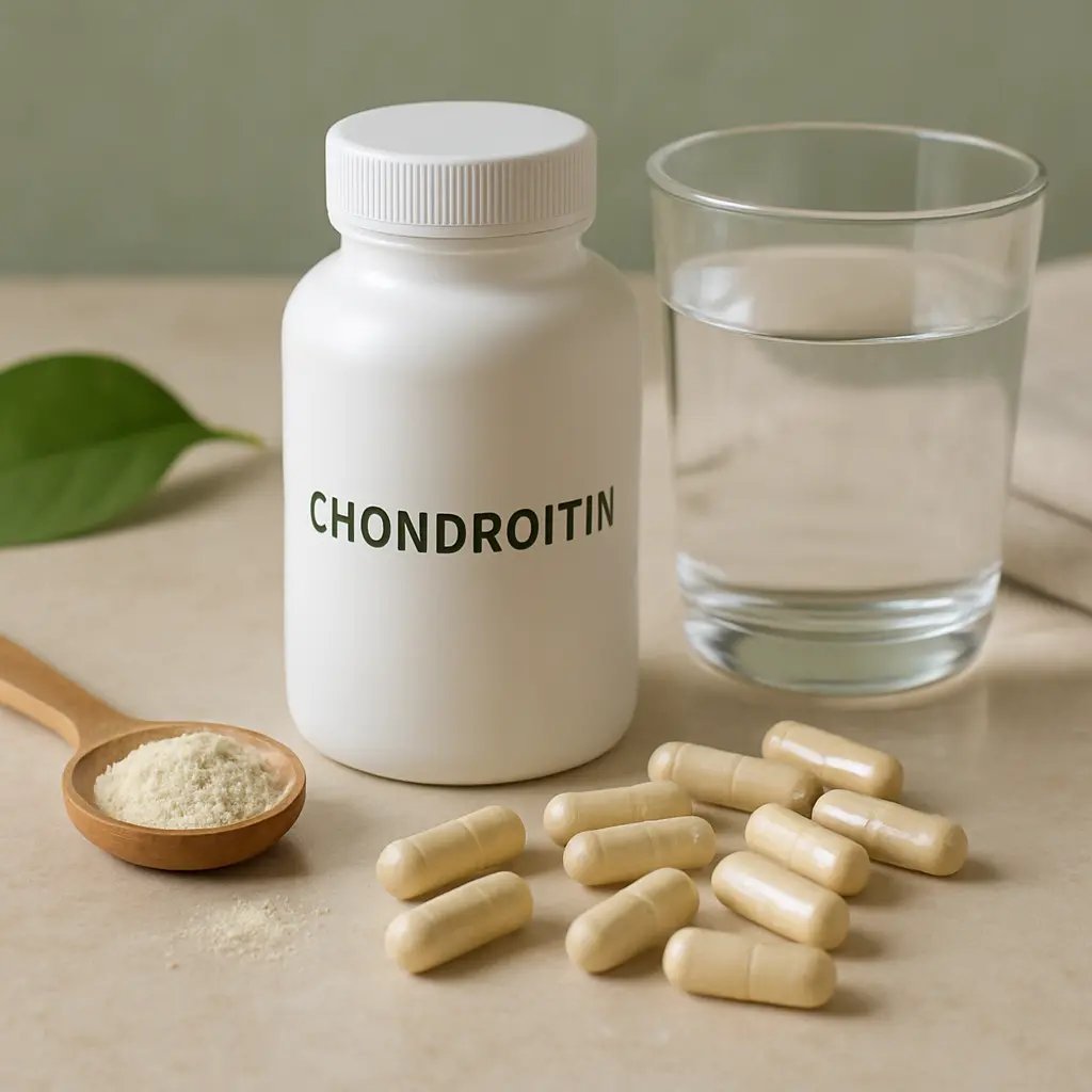 Chondroitin supplement bottle surrounded by capsules and a wooden spoon of powder, symbolizing joint health, wellness, and dietary supplements.