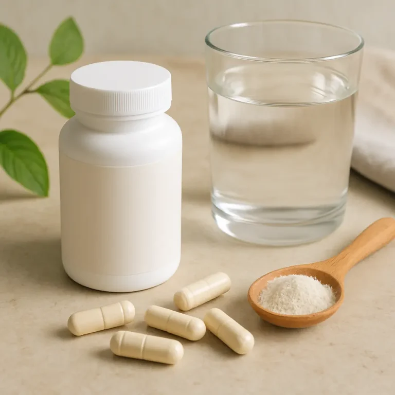 A supplement bottle with capsules, a glass of water, and a wooden spoon with powder, emphasizing wellness, vitamins, and healthy eating.