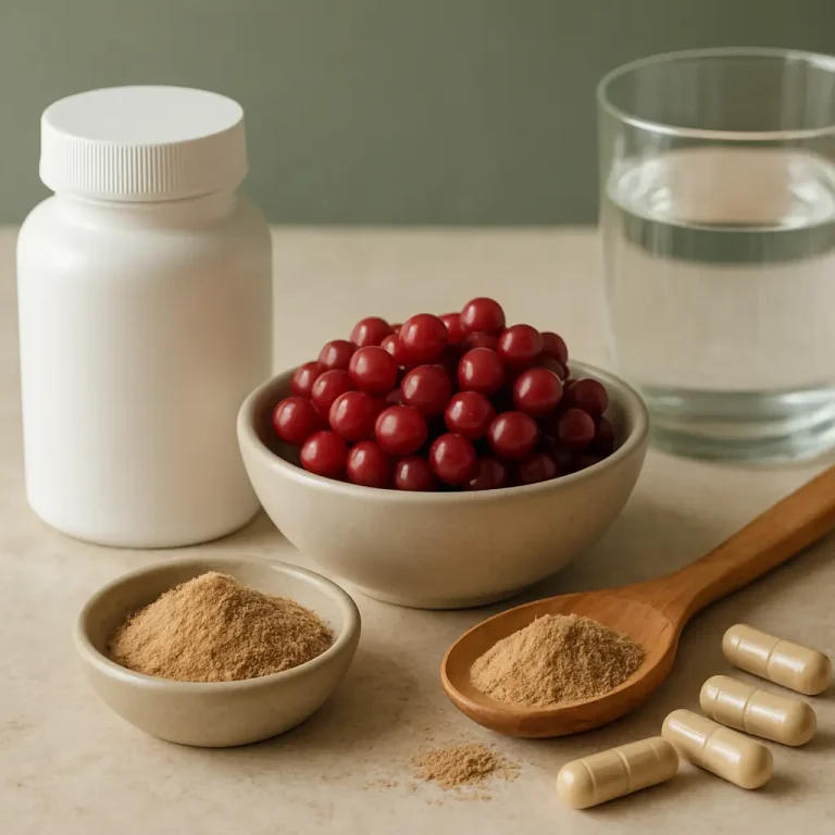Assorted wellness supplements including a bowl of red tablets, a white supplement bottle, capsules, and powder in bowls and a wooden spoon beside a glass of water, emphasizing fitness and healthy eating.