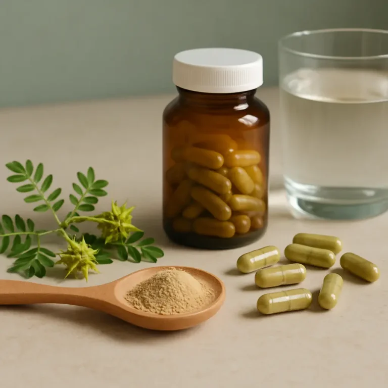 A jar of green capsules beside a spoonful of powdered supplement, a glass of water, and a sprig of greenery, highlighting themes of vitamins, wellness, and healthy living.