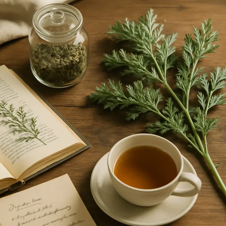 A cup of herbal tea on a wooden table with fresh herbs, a jar of dried herbs, and an open book, emphasizing natural wellness, vitamins, and supplements.