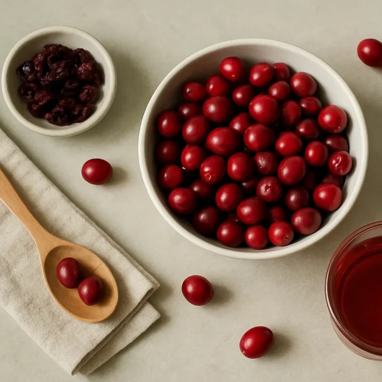 A bowl of fresh cranberries, a smaller bowl of dried cranberries, a wooden spoon, and a glass of cranberry juice, promoting vitamins, healthy eating, and wellness.