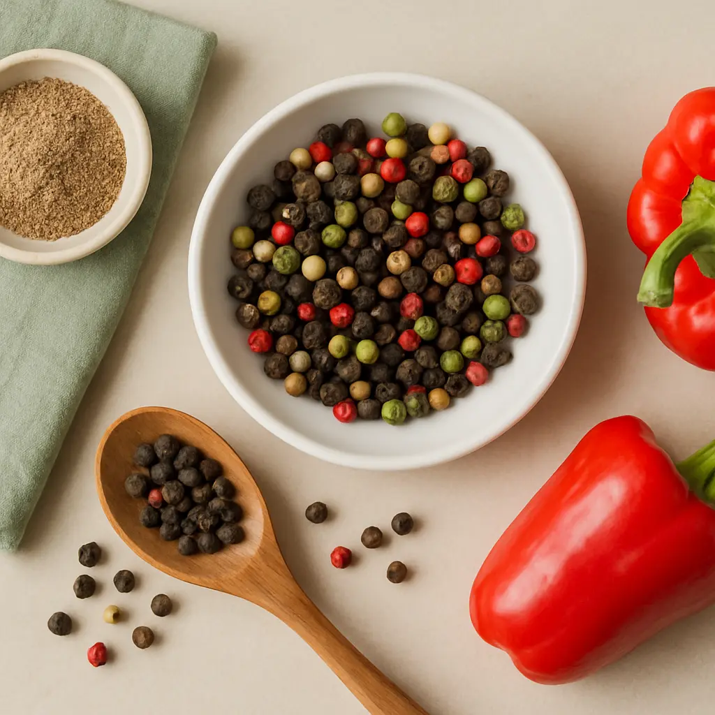 A vibrant assortment of peppercorns in a white bowl next to a whole red bell pepper and a wooden spoon on a green cloth, emphasizing healthy eating, spices, and wellness.
