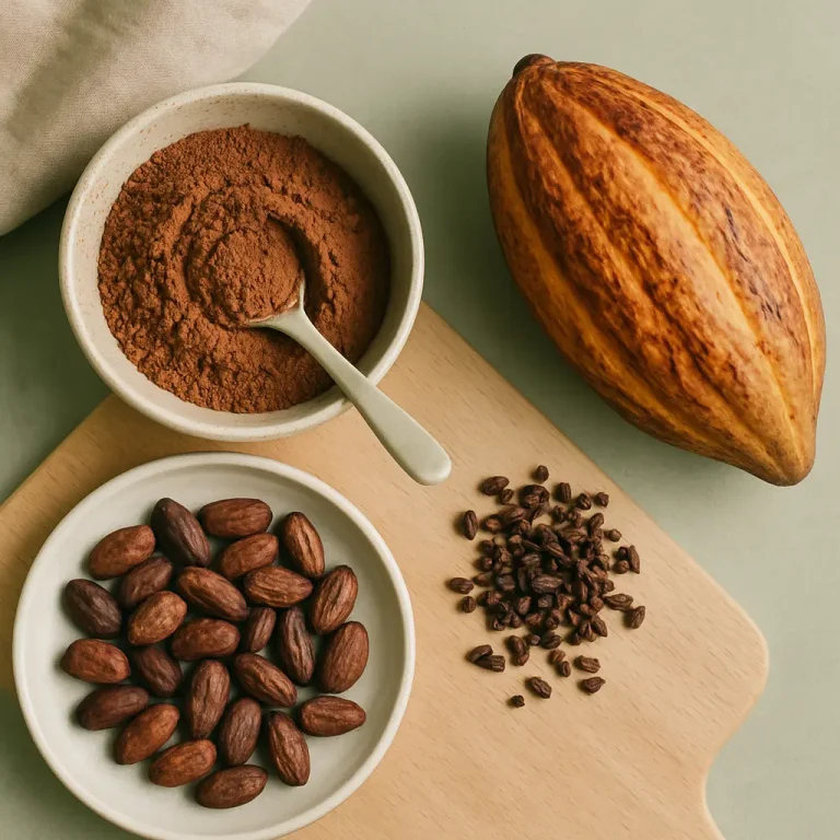 Cocoa powder in a bowl with a spoon, cocoa beans, cocoa nibs, and a cacao pod, highlighting superfoods for wellness, antioxidant-rich supplements, and healthy eating.