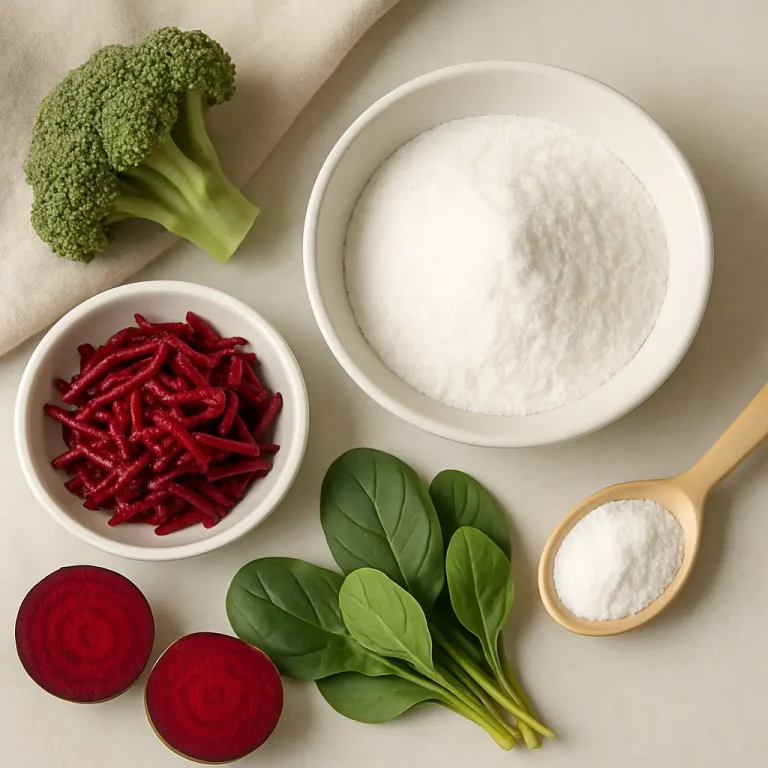 Array of healthy foods including broccoli, beets, spinach, and a white powder, symbolizing vitamins, supplements, and wellness.