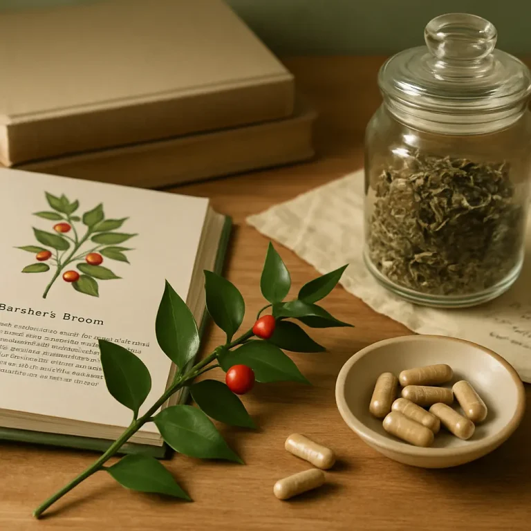 Herbal supplements and vitamins displayed on a wooden table with a botanical illustration, jar of dried herbs, and a sprig with red berries, symbolizing wellness and healthy eating.