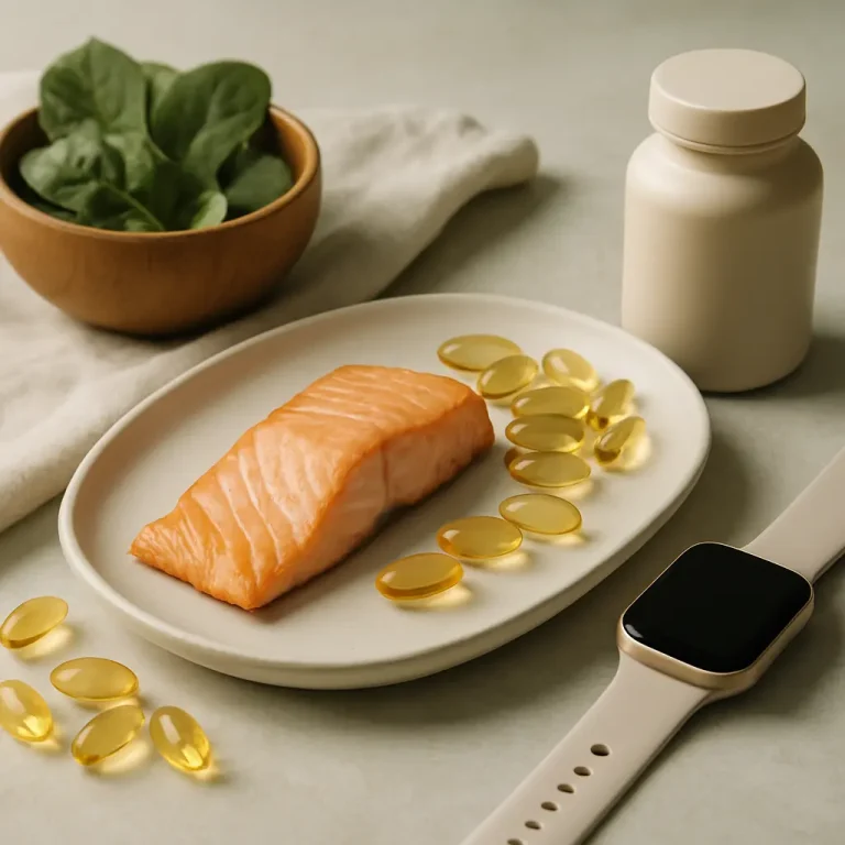 Plate with salmon and omega-3 capsules, a bowl of spinach, a supplement bottle, and a fitness tracker, symbolizing healthy eating and wellness.