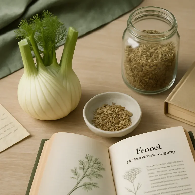 Fresh fennel bulb and seeds displayed on a table with a jar of seeds and an open book about fennel, emphasizing healthy eating and wellness.