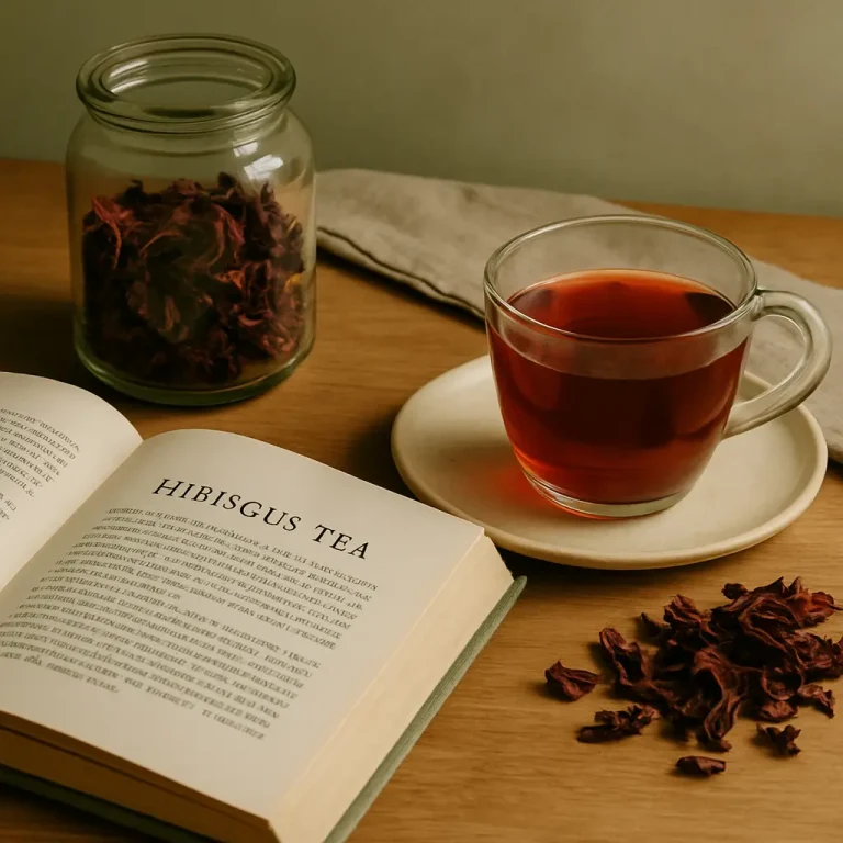 A glass cup of hibiscus tea on a wooden table surrounded by dried hibiscus petals, a jar of dried hibiscus, and an open book titled "Hibiscus Tea," promoting wellness, healthy eating, and natural supplements.