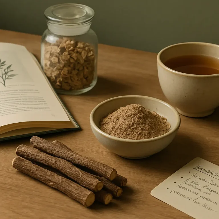 Wooden table displaying herbal supplements including a jar of dried herbs, licorice roots, a bowl of powdered vitamins, and a mug of herbal tea, promoting wellness and healthy eating.
